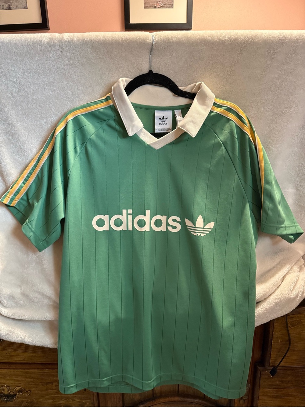 adidas Green Soccer Jersey with White Trefoil and Yellow Stripes